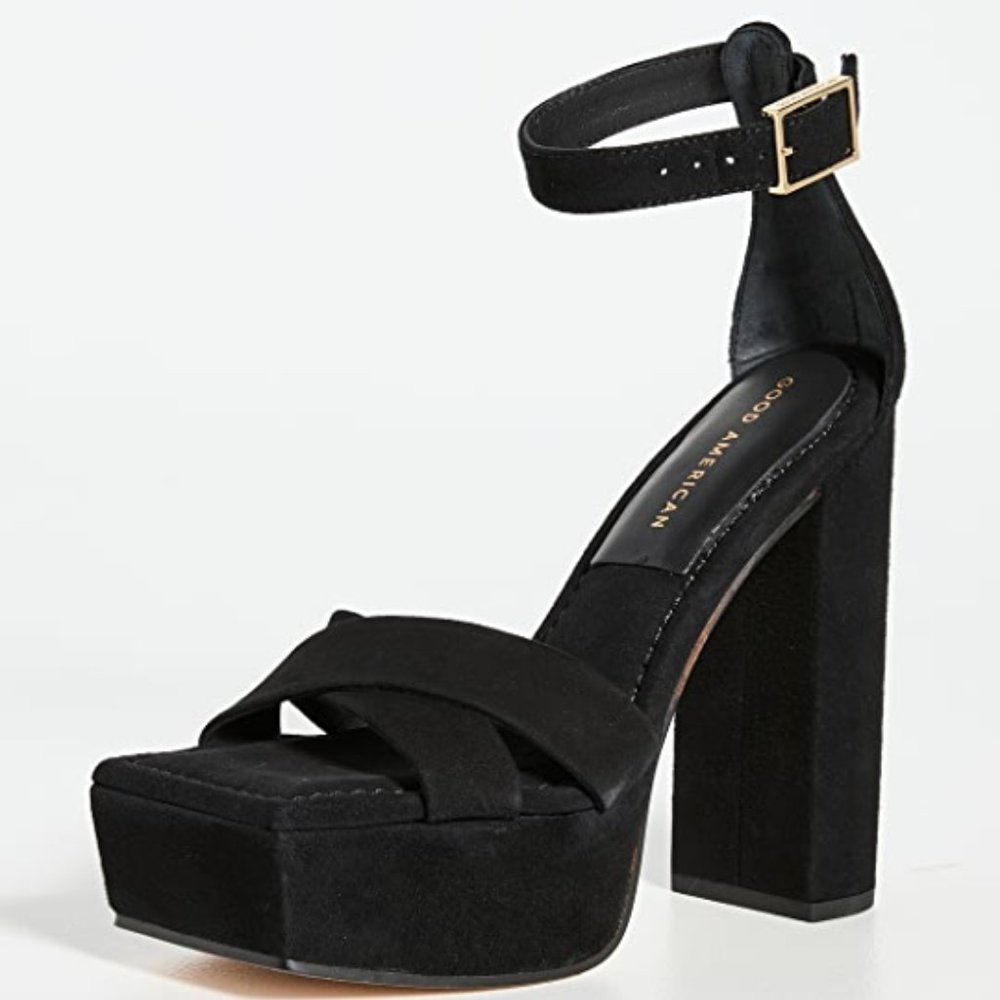 Good American Platform Black Suede Sandal Size 9